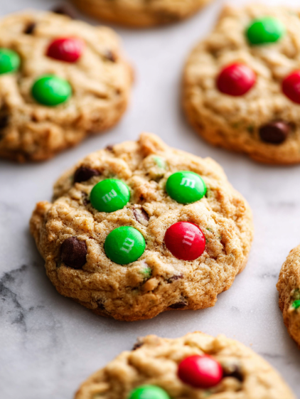 M&M cookies on a tray.