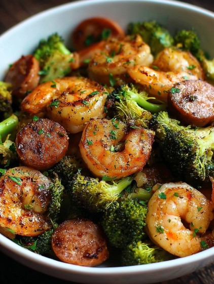 A bowl of shrimp, sausage, and broccoli.