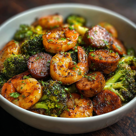 A bowl of shrimp, sausage, and broccoli.