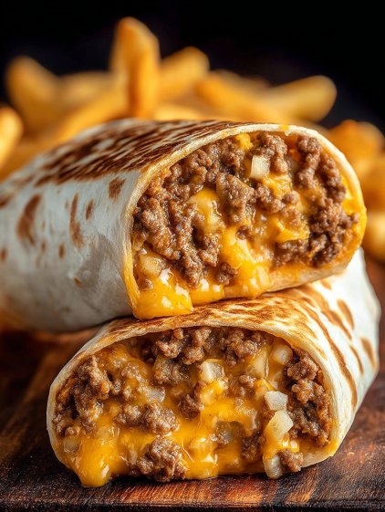 A burrito filled with beef and cheese.