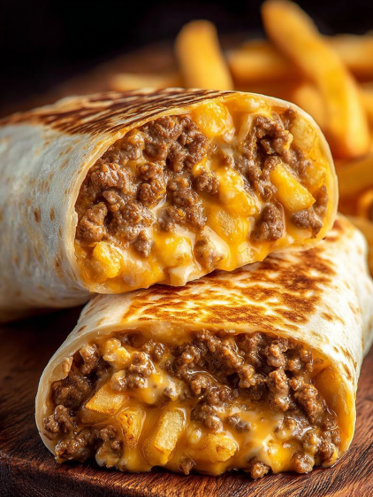 A burrito with beef and cheese.