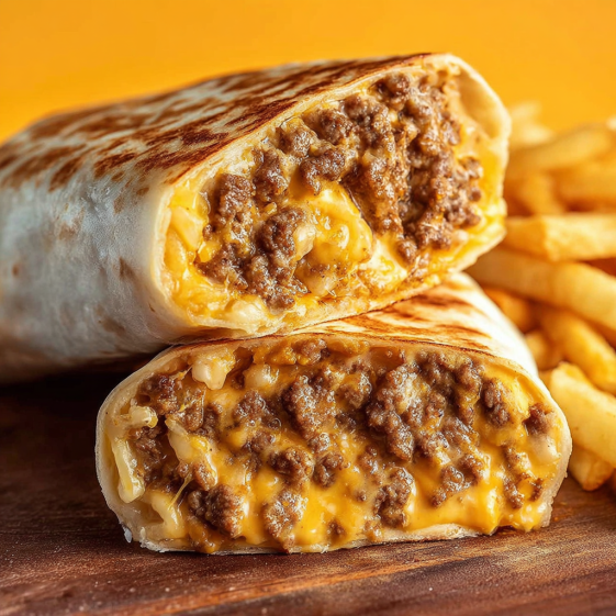 A burrito with beef and cheese.