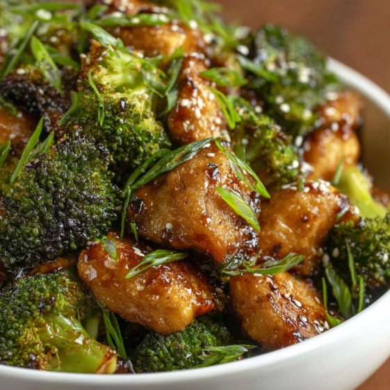 A bowl of chicken and broccoli.