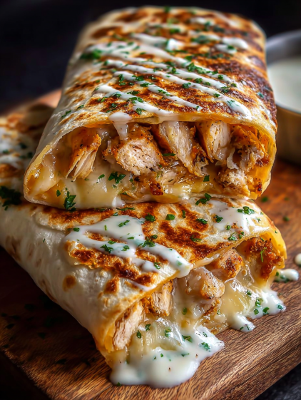 A cheesy garlic chicken wrap on a wooden table.