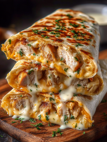 A cheesy garlic chicken wrap.