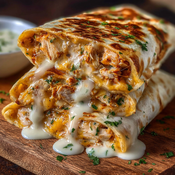 A cheesy garlic chicken wrap on a wooden table.