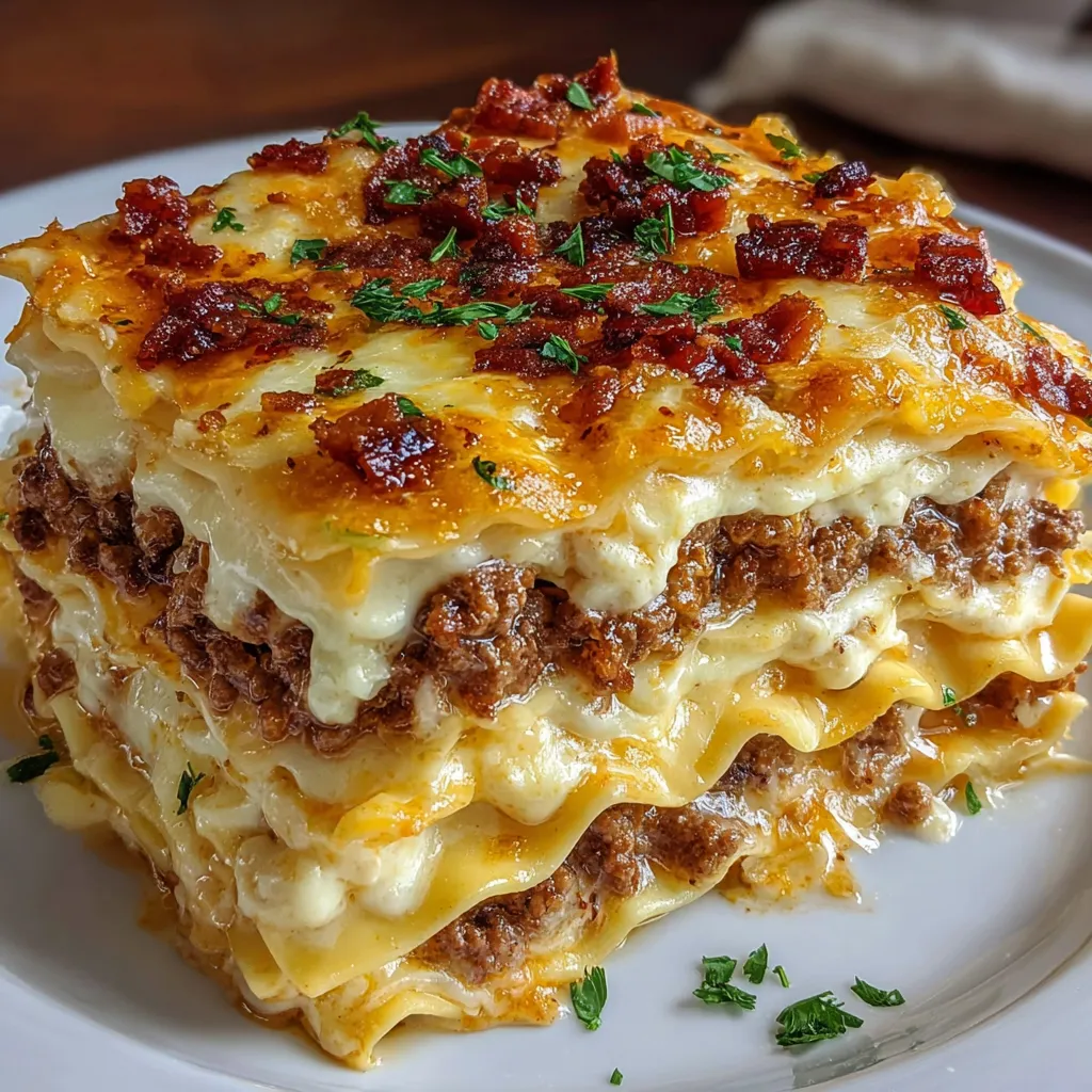 A stack of Parmesan Garlic Bacon Lasagna.