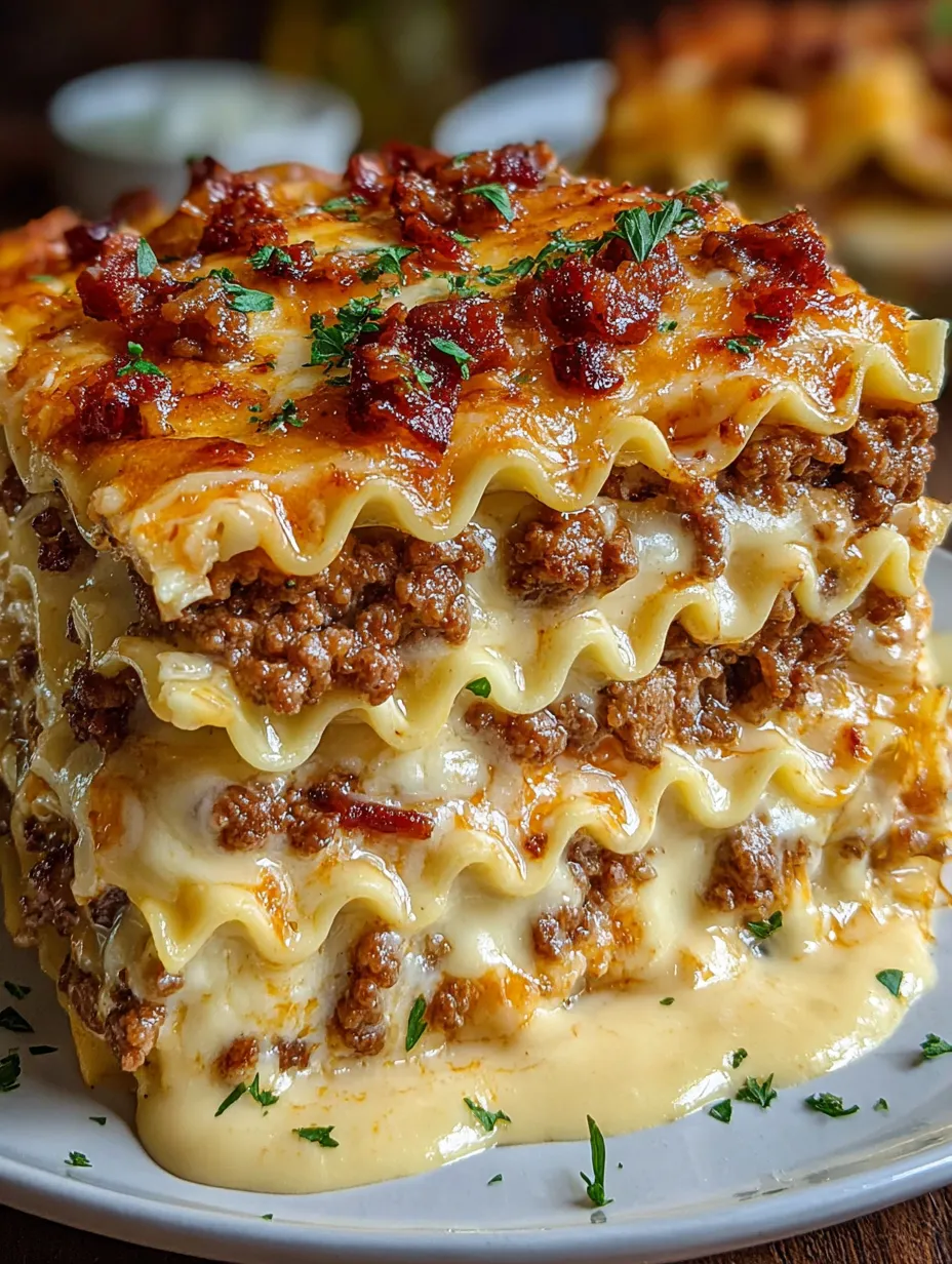 A stack of Parmesan Garlic Bacon Lasagna.