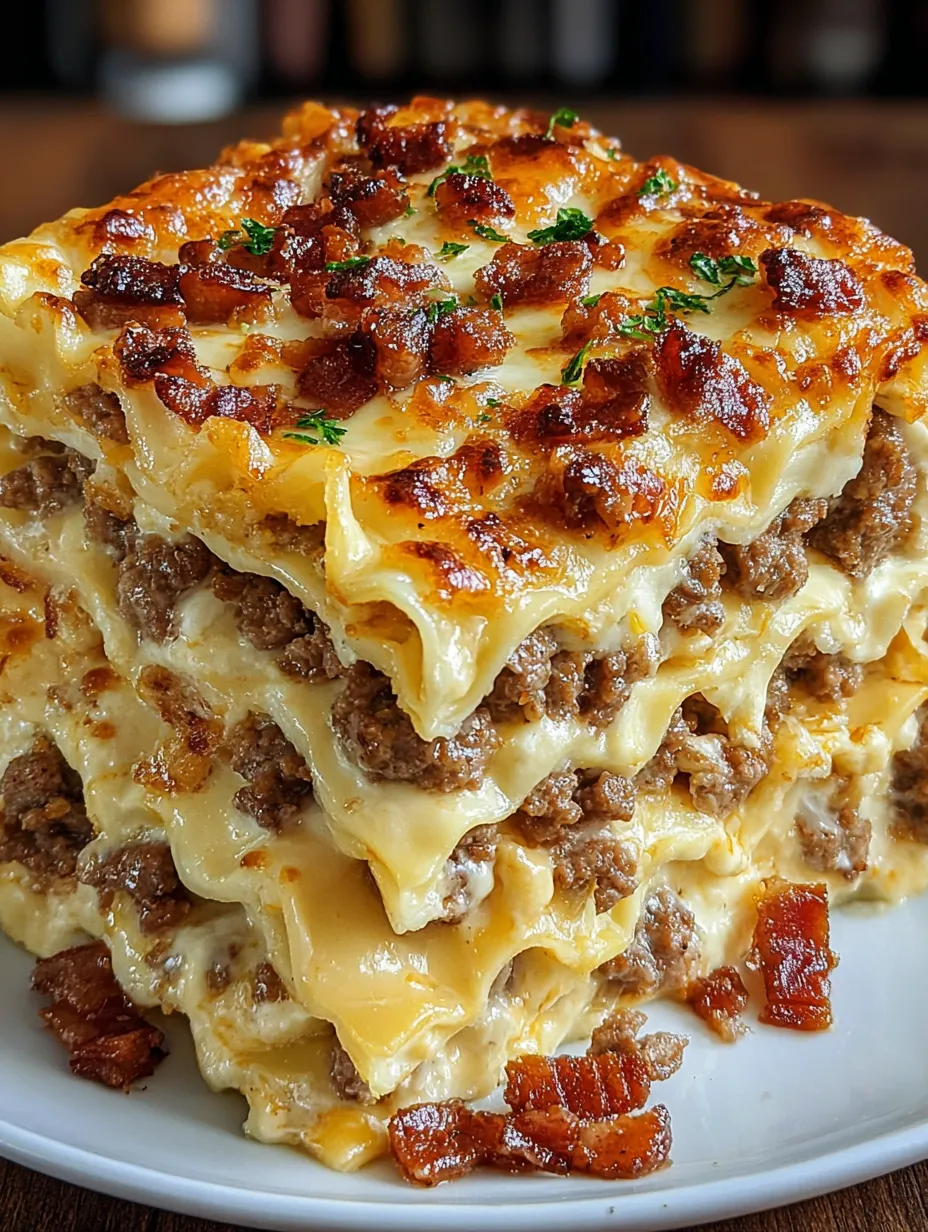 A stack of Parmesan Garlic Bacon Lasagna.