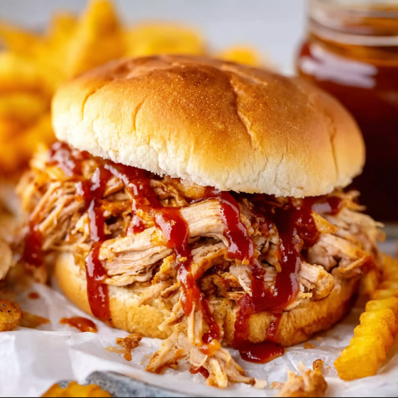 A sandwich with pulled pork and barbecue sauce.