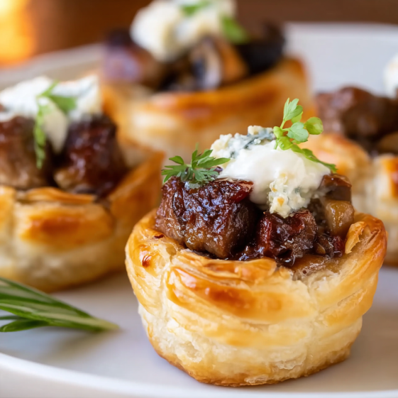 A plate of beef wellington bites with blue cheese on top.