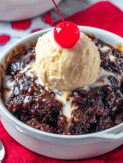 A bowl of chocolate cake with a scoop of ice cream on top.