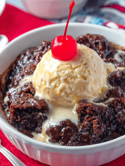 A bowl of chocolate cake with a scoop of ice cream on top.
