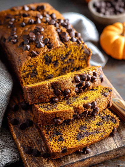 A slice of pumpkin chocolate chip bread.