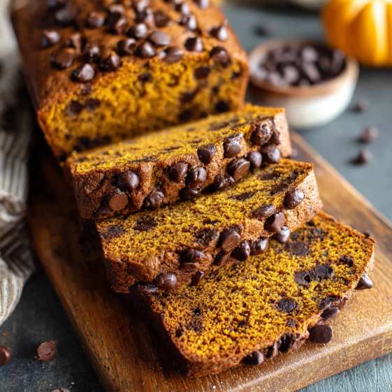 A slice of pumpkin chocolate chip bread.