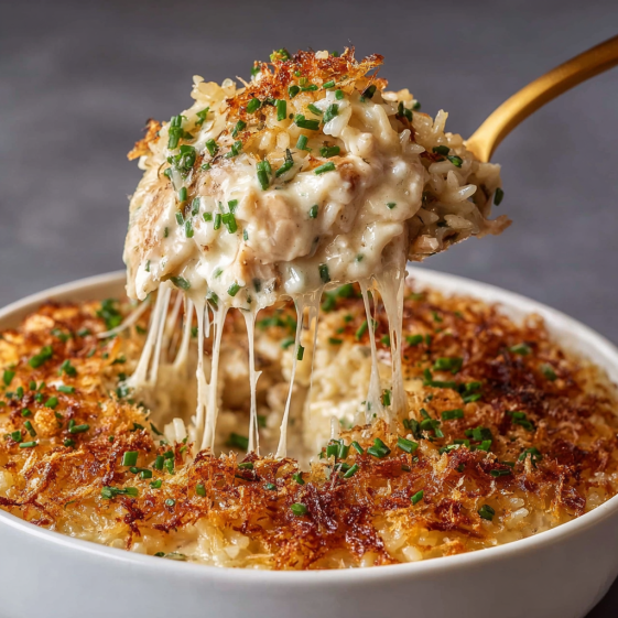 A bowl of French onion chicken rice bake.