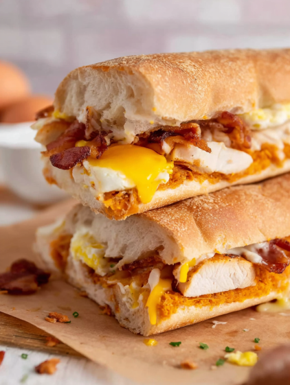 A sandwich with bacon and eggs.