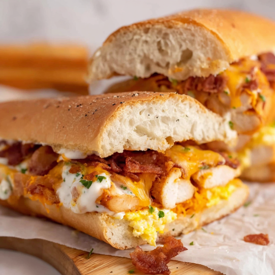 A chicken bacon ranch baked sub sandwich.