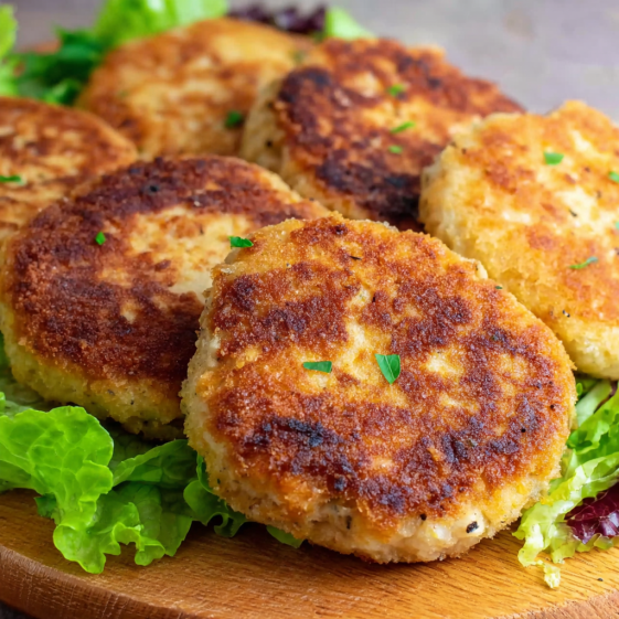 Chicken patties on a wooden platter.