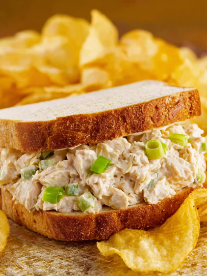 A sandwich with tuna salad on top.