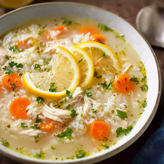 A bowl of soup with lemon and rice.
