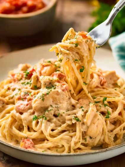 A plate of spaghetti with chicken and cheese.