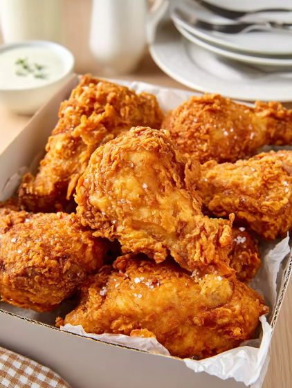A box of fried chicken with a white sauce.