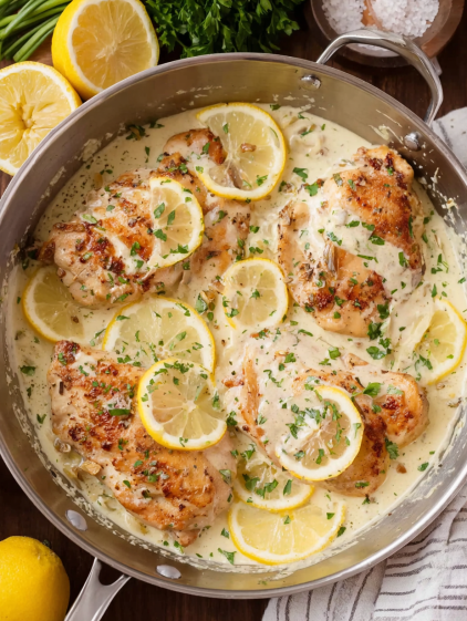 A pot of creamy lemon garlic chicken.