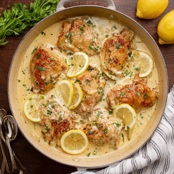 A pan of chicken with lemon and garlic.