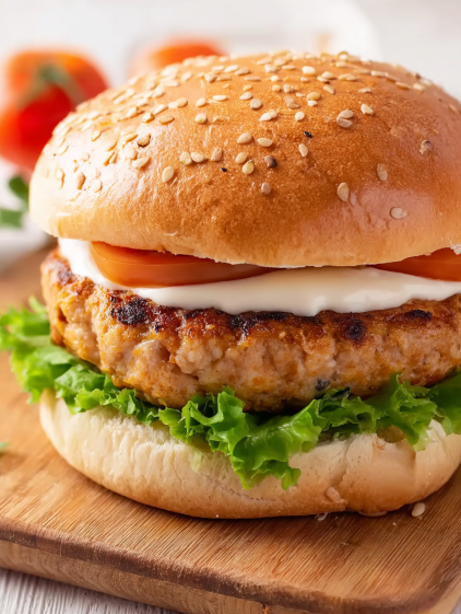 A burger with lettuce and tomato on a bun.