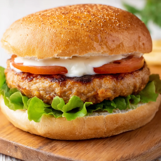 A burger with lettuce, tomato, and cheese.