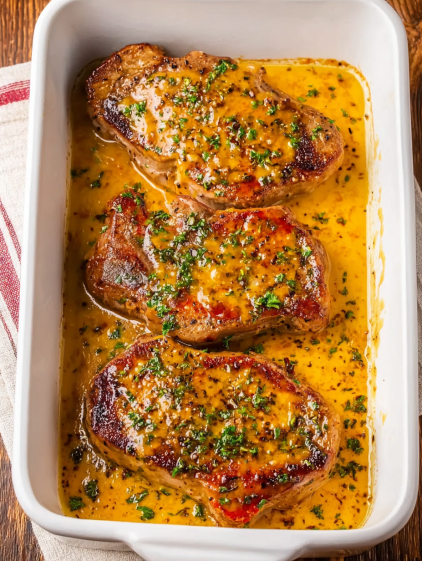 A dish of baked pork chops with a creamy sauce.