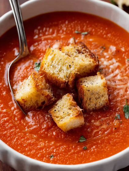 A bowl of soup with garlic croutons.