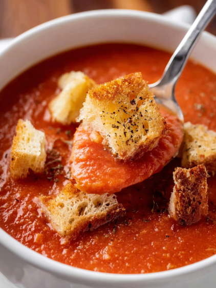 A bowl of tomato soup with garlic croutons.