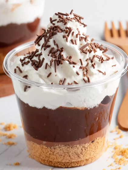A chocolate dessert with whipped cream and chocolate chips.