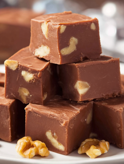 A stack of chocolate squares with nuts on top.