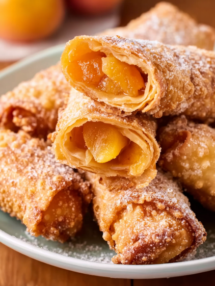 Peach cobbler egg rolls on a plate.