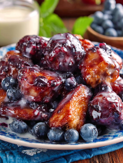 A plate of food with blueberries on top.