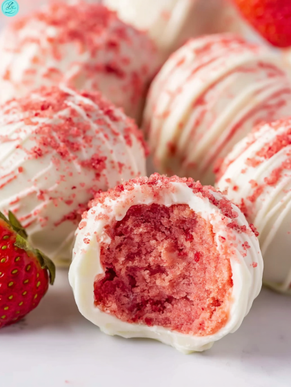 A close up of a strawberry cake ball.