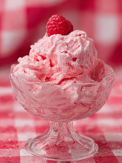 A glass bowl of pink raspberry fluff.