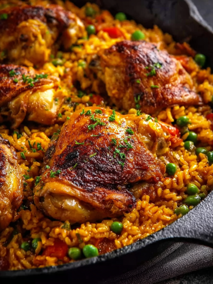 A dish of chicken and rice with peas and onions.