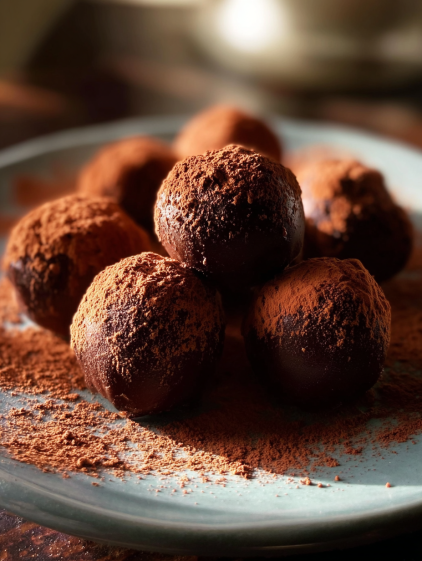 A plate of chocolate truffles.