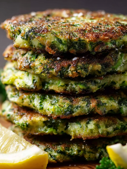 A stack of crispy broccoli parmesan fritters.