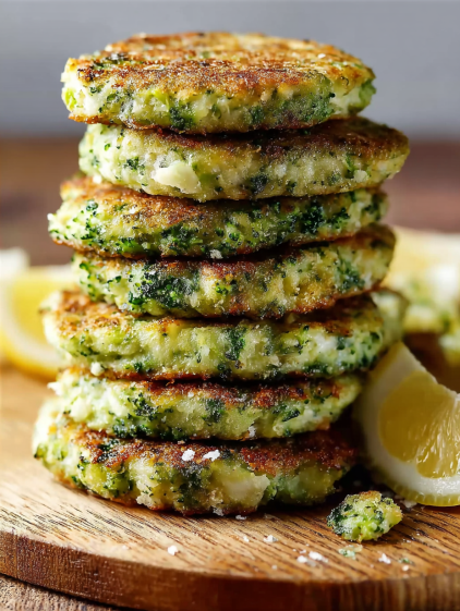 A stack of crispy broccoli parmesan fritters.