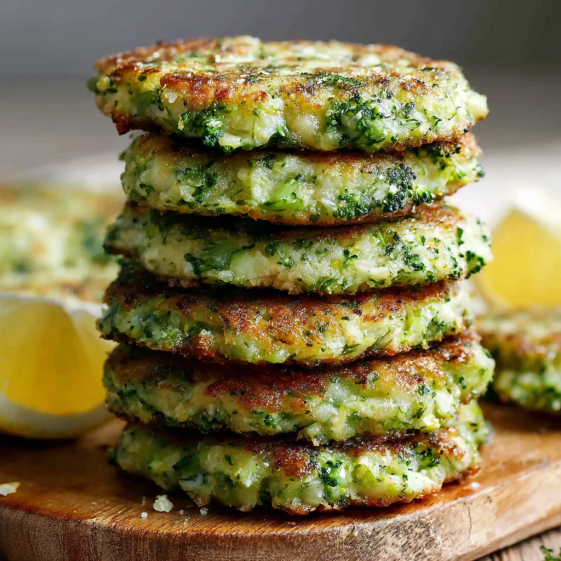 A stack of crispy broccoli parmesan fritters.
