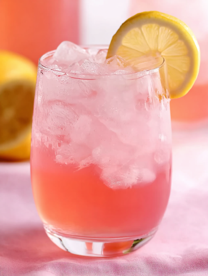 A glass of pink vodka lemonade cocktail.