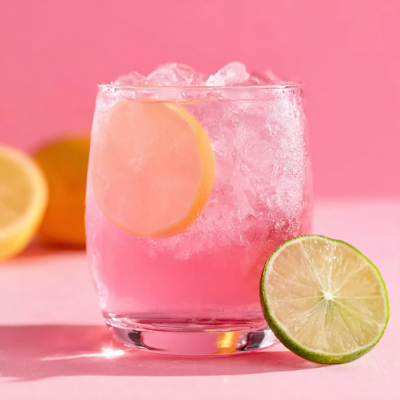A glass of pink vodka lemonade cocktail with a slice of lemon.