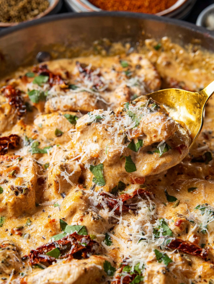 A spoon is in a bowl of Greek yogurt chicken marinate.