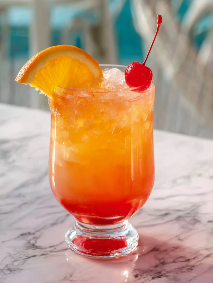 A glass of orange juice with a cherry on top.