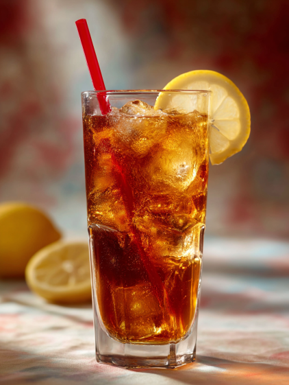 A glass of Long Island Iced Tea with a lemon wedge.